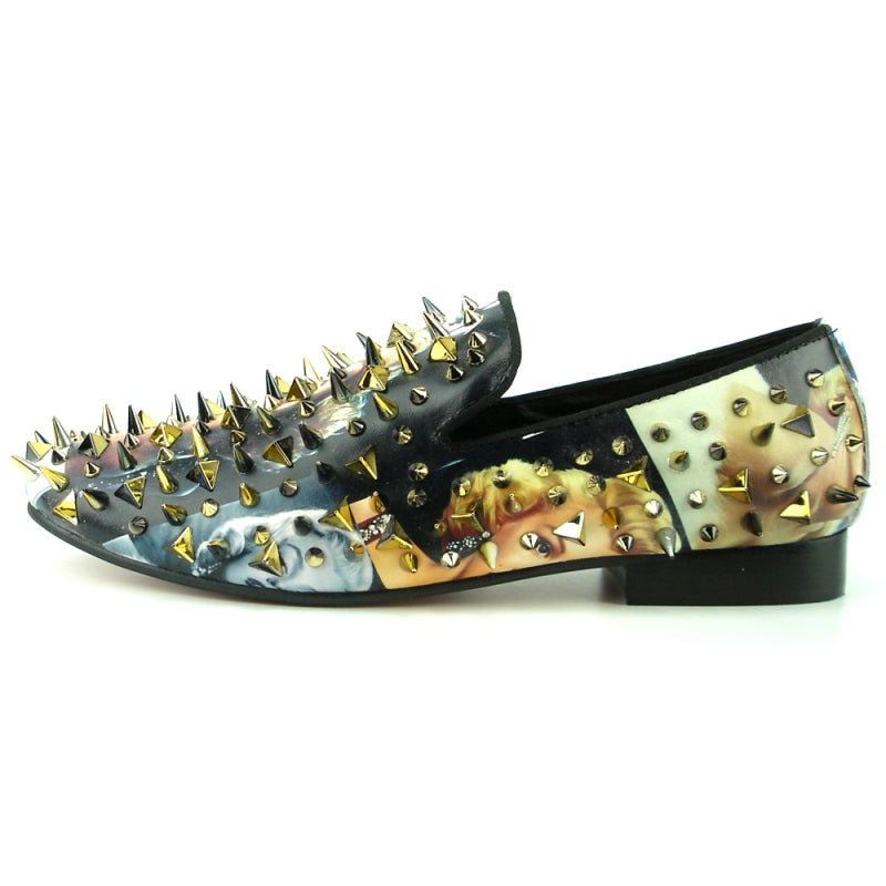 The FI-7239-L Marilyn Gold Spikes by Fiesso is a black slip-on fashion shoe adorned with metallic silver and gold spikes of various sizes and shapes.