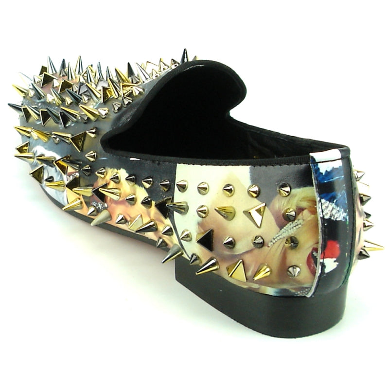 The FI-7239-L Marilyn Gold Spikes by Fiesso is a black slip-on fashion shoe adorned with metallic silver and gold spikes of various sizes and shapes.
