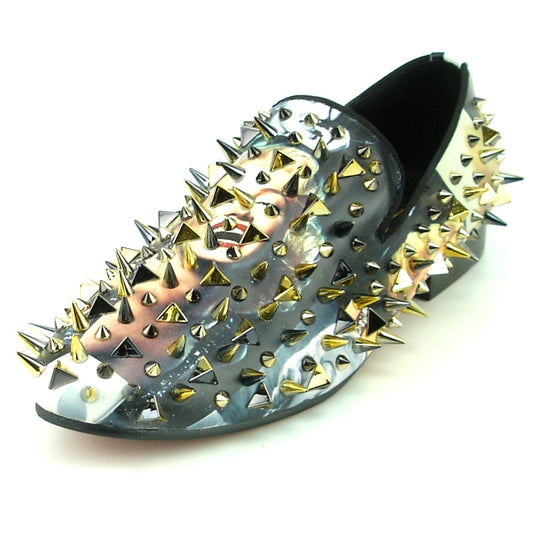 The FI-7239-L Marilyn Gold Spikes by Fiesso is a black slip-on fashion shoe adorned with metallic silver and gold spikes of various sizes and shapes.
