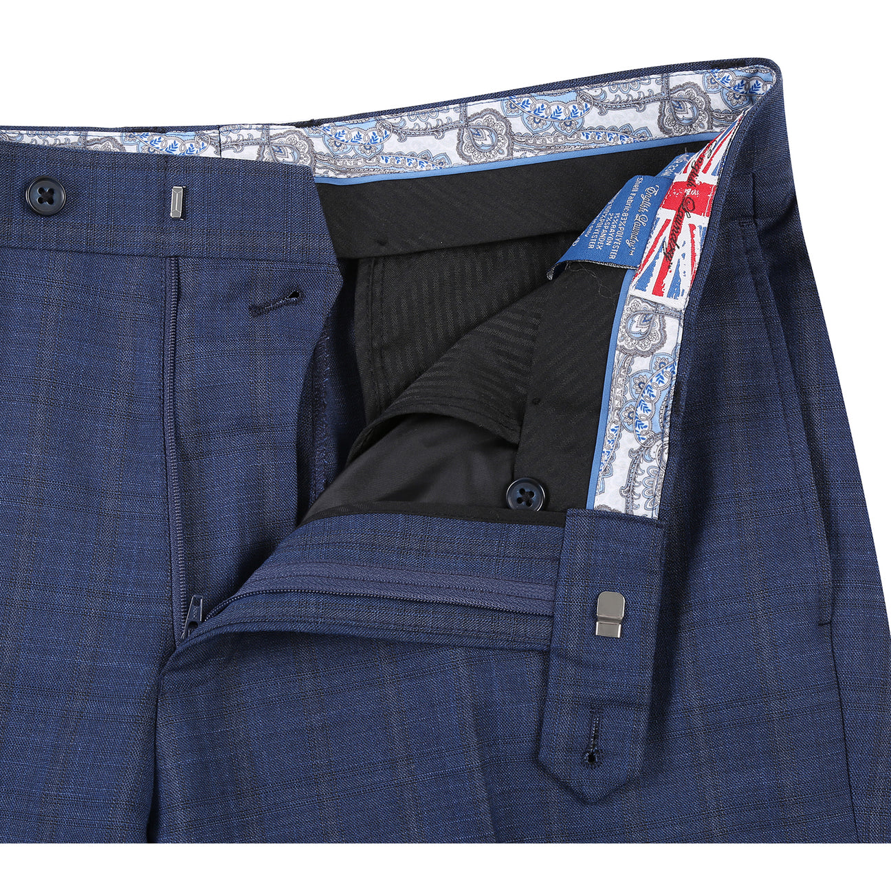The ENGLISH LAUNDRY Blue Check Suit 22-52-402EL by English Laundry features a slim fit jacket with notch lapels and two-button closure, shown with a white dress shirt and red patterned tie on a mannequin.