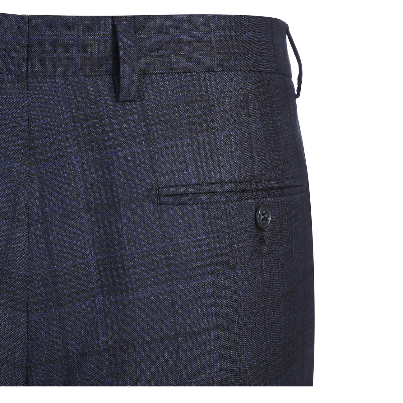 Showcase of Renoir’s Alessandro Vitello New Slim Fit Suit 568-3 in dark blue patterns, with peak lapel jackets, matching flat front pants, fabric/button close-ups, and side vents.