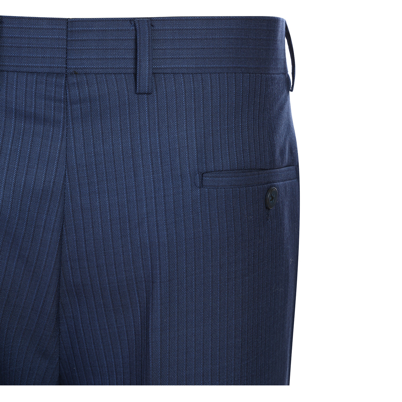 The English Laundry ENGLISH LAUNDRY 2pc Wool Suit Navy EL22-33-411 is a slim fit men's two-button jacket with blue pinstripes, side pockets, and a patterned inner lining, shown on a white background.
