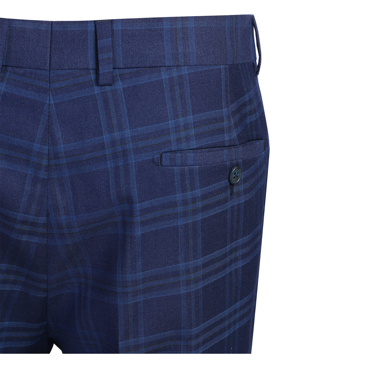 The English Laundry 2pc Suit Blue 32-60-400EL is a men's slim fit navy plaid blazer featuring a notched lapel, two-button closure, and blue patterned lining.