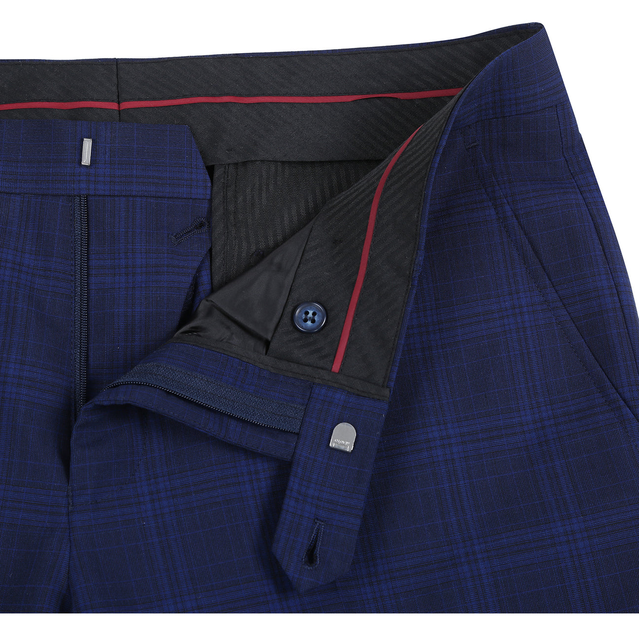 The Alessandro Vitello by Renoir New Slim Fit Wool Blue Suit 566-7 is displayed on a mannequin, styled with a white dress shirt and a maroon patterned tie.