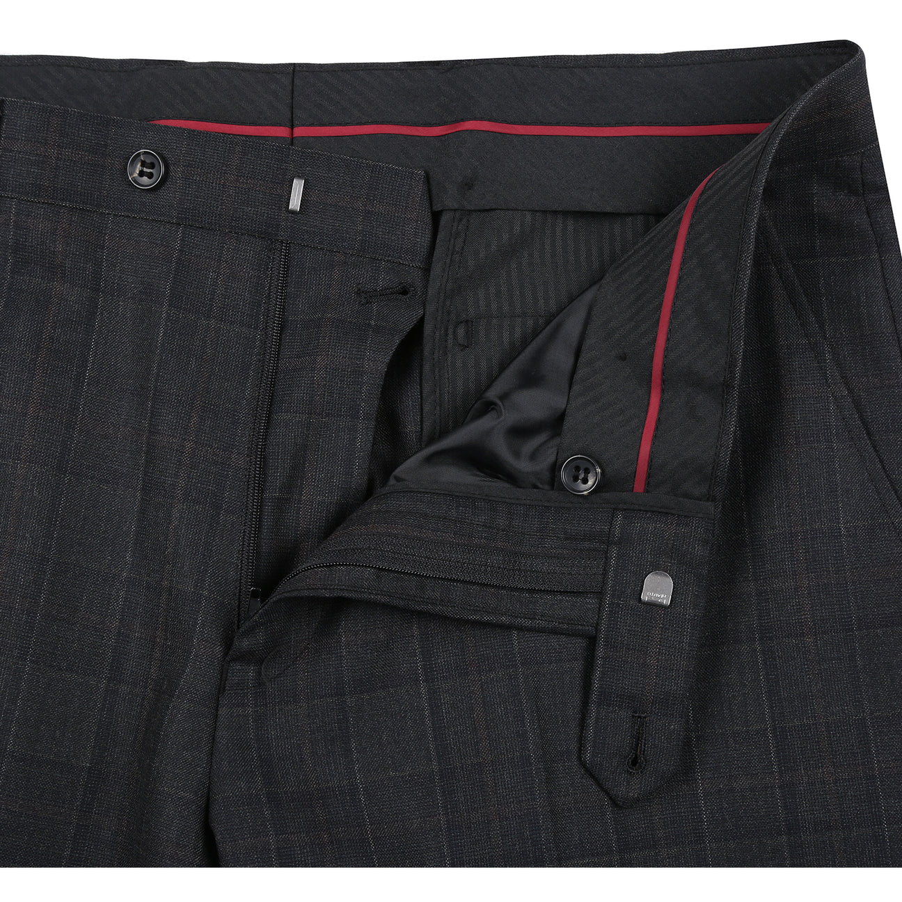 A mannequin showcases the Alessandro Vitello ALESSANDRO VITELLO Classic Fit Wool Black Suit 566-9 paired with a white dress shirt and red patterned tie against a plain white background.