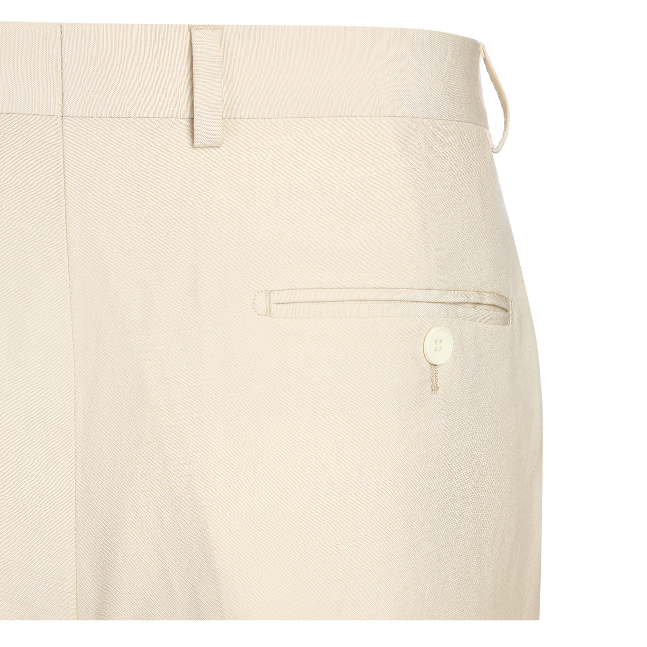 A chic champagne suit jacket from the Alessandro Vitello by Renoir collection, distinguished by a notch lapel and offering a new slim fit, pairs perfectly with a blue tie and crisp white shirt on the mannequin.