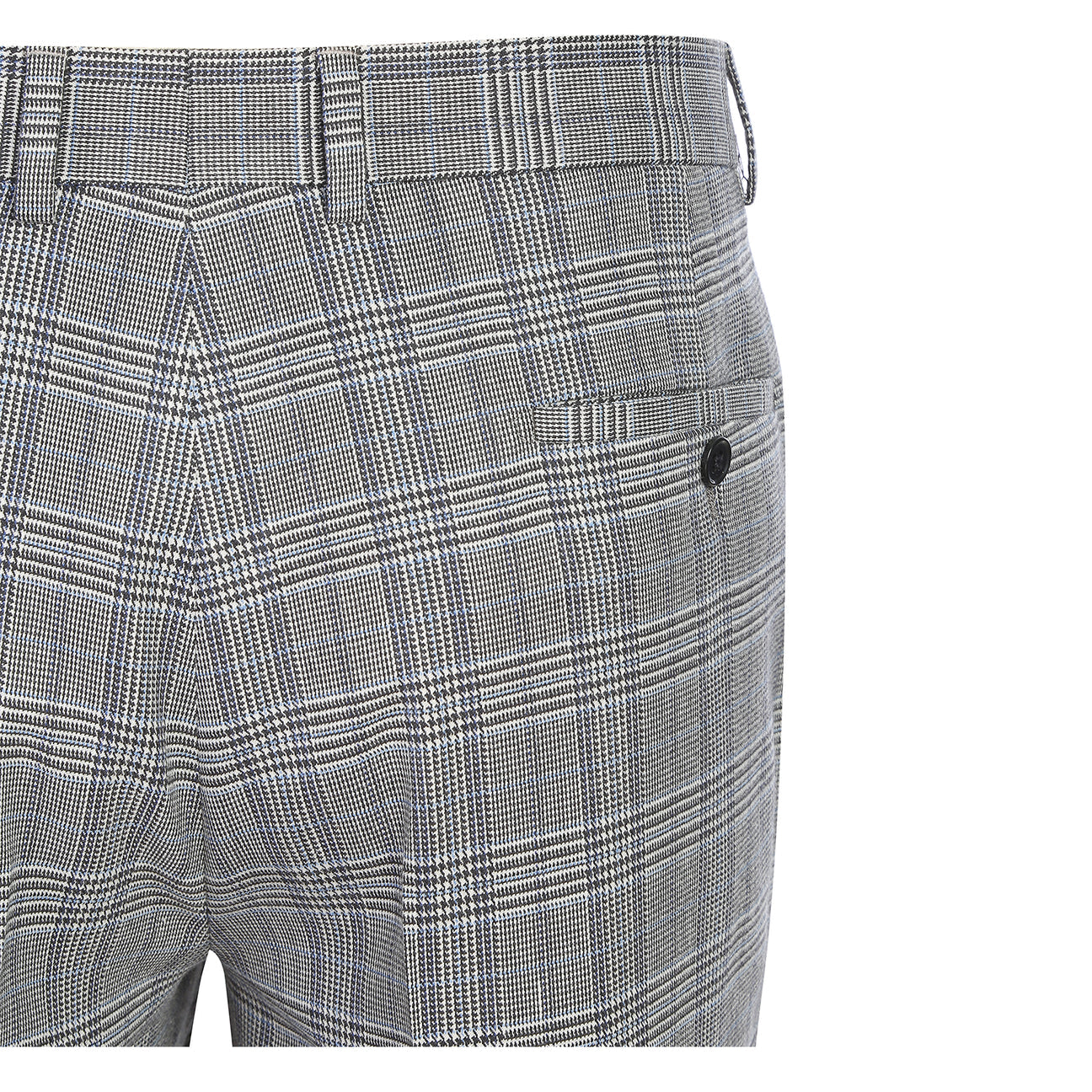 English Laundry 2pc Suit Light Gray 32-50-002EL: Men’s slim-fit single-breasted grey plaid blazer with two-button closure, two front pockets, and a blue patterned lining—versatile for any modern wardrobe. Displayed on a white background.