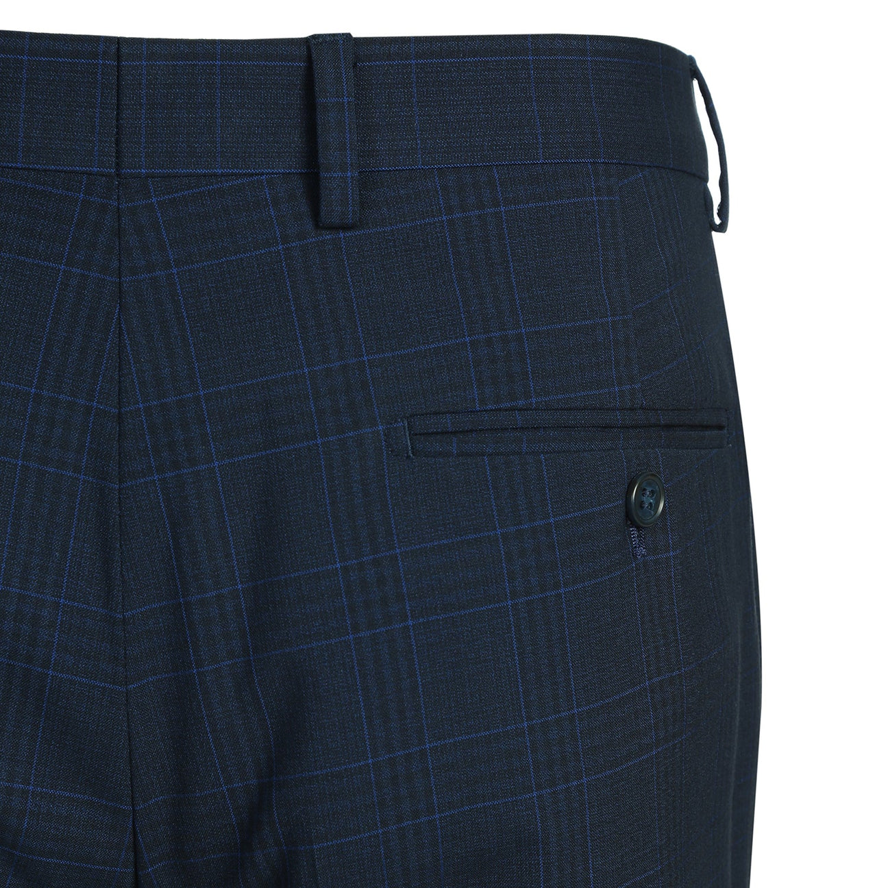 The Alessandro Vitello by Renoir Classic Fit Checked Suit in Marine Blue, styled on a mannequin with a white dress shirt and blue striped tie.