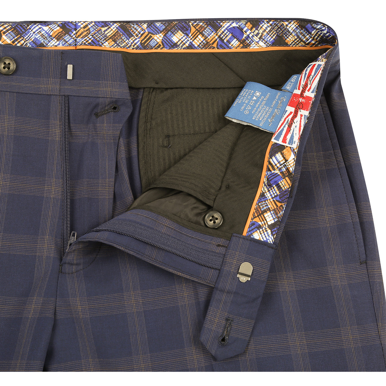 The ENGLISH LAUNDRY TR Suit 12-58-410EL by English Laundry is a navy blue plaid blazer with notch lapels, two buttons, flap pockets, and a colorful patterned inner lining shown in a front-facing view.