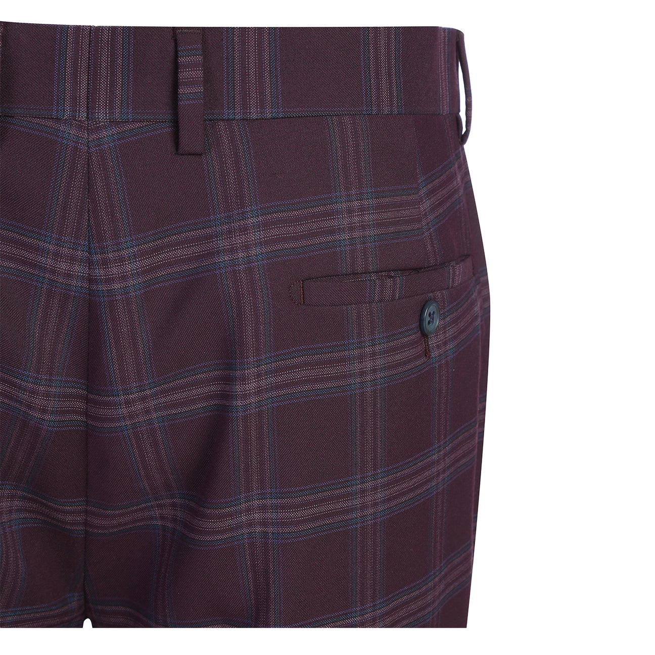 The English Laundry 2pc Suit (Purple, style 32-69-702EL) features a single-breasted jacket with two buttons, notched lapels, flap pockets, and a light blue floral lining.