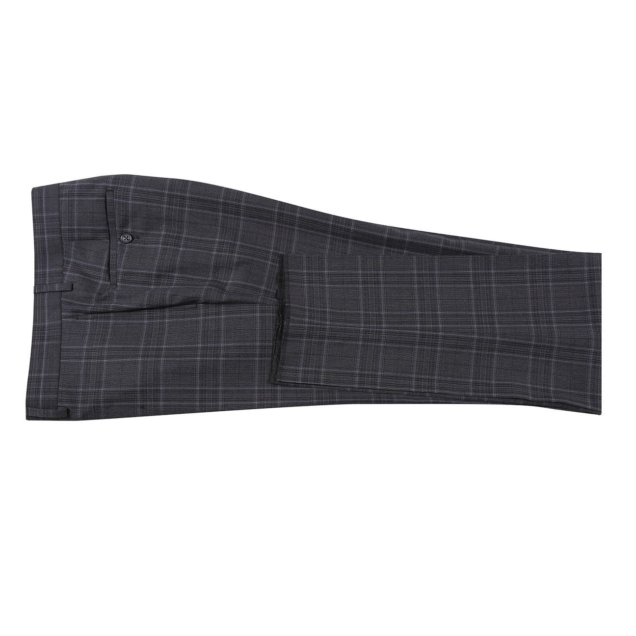 The ENGLISH LAUNDRY Dark Gray Check Suit 22-57-095EL by English Laundry features a slim fit, black and gray plaid design with a two-button closure, styled over a white shirt and blue patterned tie on a mannequin.