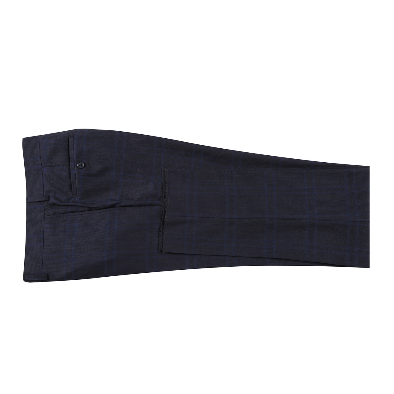 The ENGLISH LAUNDRY Navy Check Suit 22-20-410EL by English Laundry features a slim fit jacket with notched lapels, two-button closure, white dress shirt, and blue patterned tie—perfect for any formal occasion.