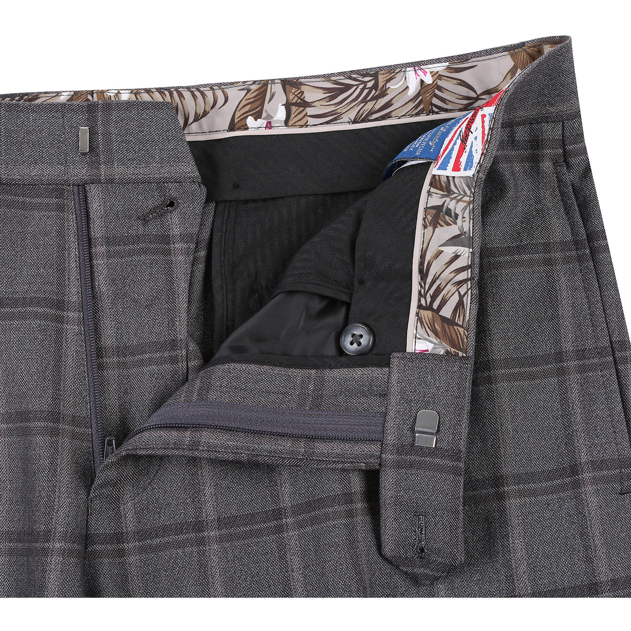 The English Laundry Double-breasted Gray Check Suit 22-50-092EL features peak lapels, matching buttons, and flap pockets, styled with a white dress shirt and red patterned tie for timeless men's formalwear.