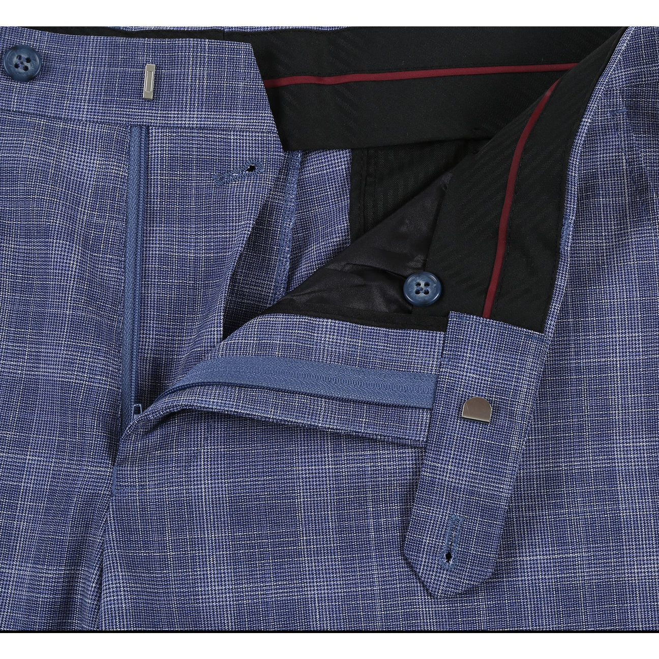 The Alessandro Vitello by Renoir Slim Fit Checked Suit Blue 293-24, featuring a blue plaid notch lapel jacket paired with a white dress shirt and an orange patterned tie, is elegantly displayed on a mannequin. Its polyester rayon blend ensures both comfort and style.