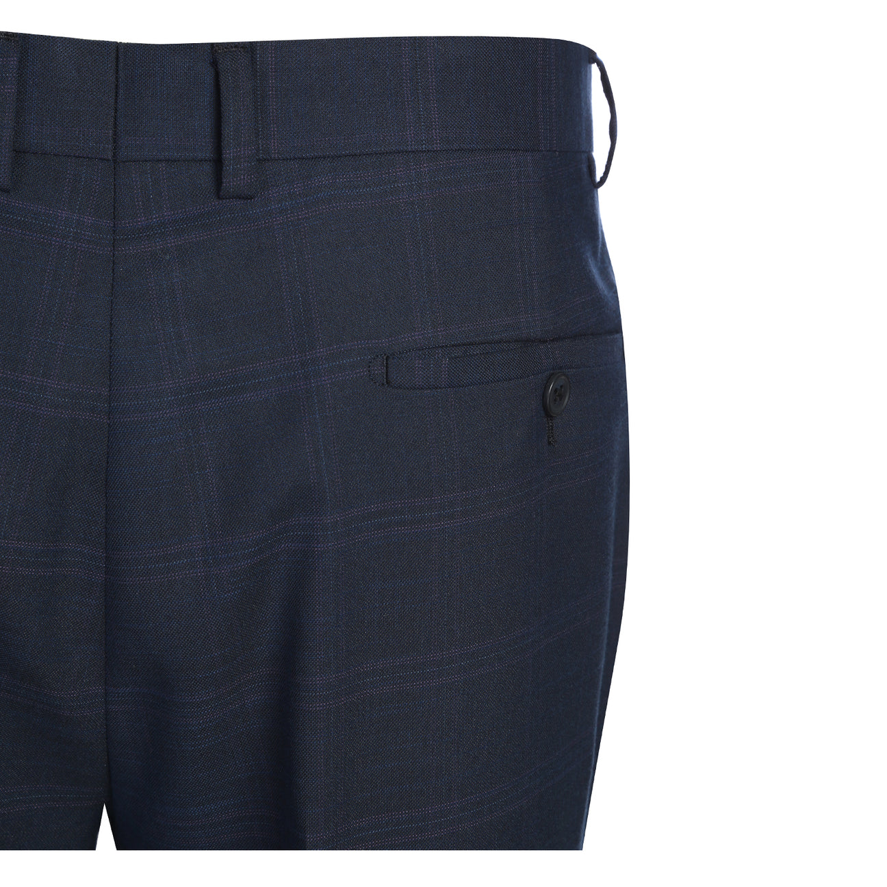 The ENGLISH LAUNDRY 2pc Suit Navy 32-55-410EL by English Laundry features a navy blue plaid blazer with single button closure, front pockets, and blue paisley inner lining in a comfy polyester-rayon-spandex blend, shown on a white background.