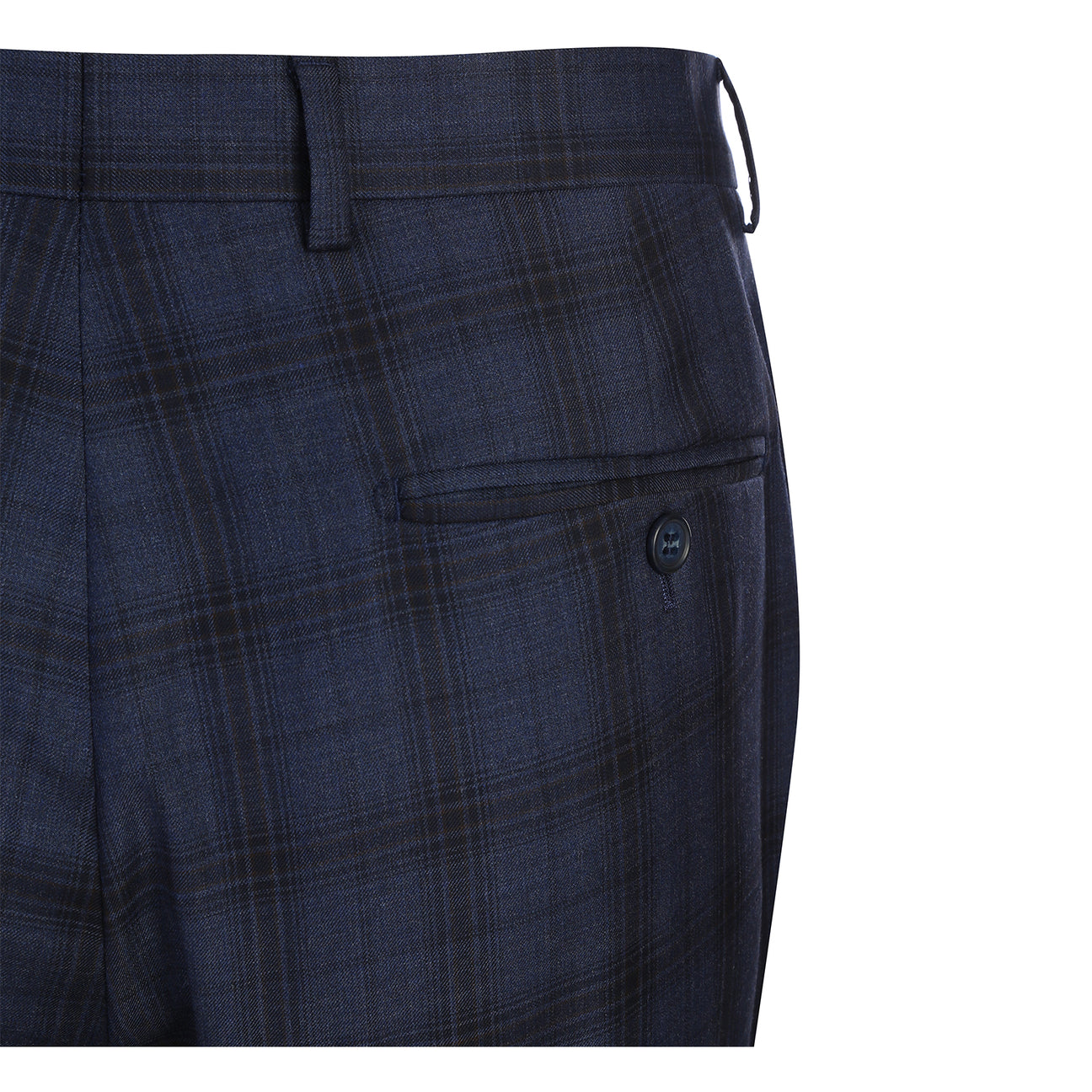 The Renoir Alessandro Vitello New Slim Fit Wool Navy Suit 566-14 is displayed on a mannequin, paired with a white dress shirt and dark patterned tie.