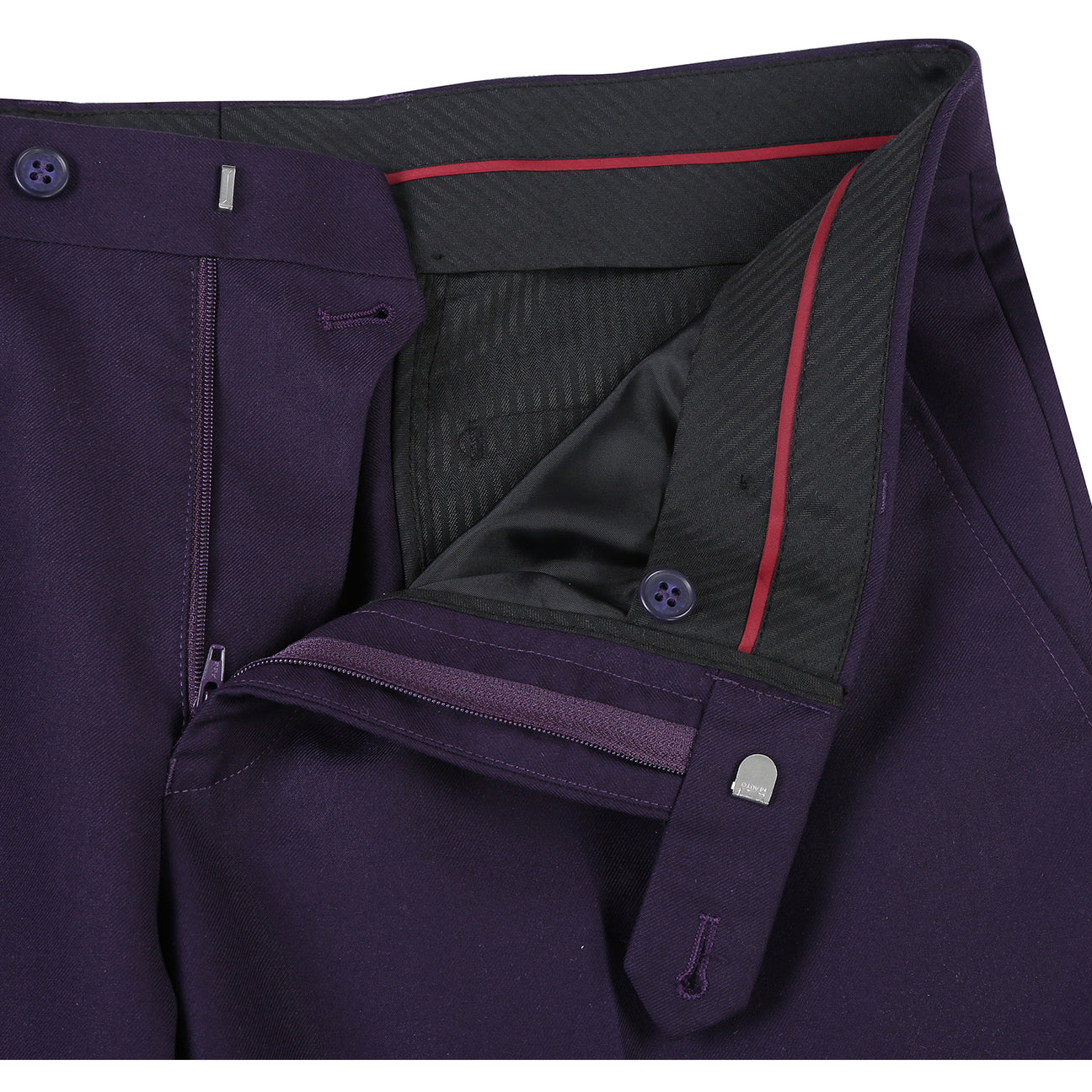 The Alessandro Vitello by Renoir 2-piece purple slim fit suit (201-14) features a single-breasted notch lapel, shown on a mannequin with a white shirt and striped tie.