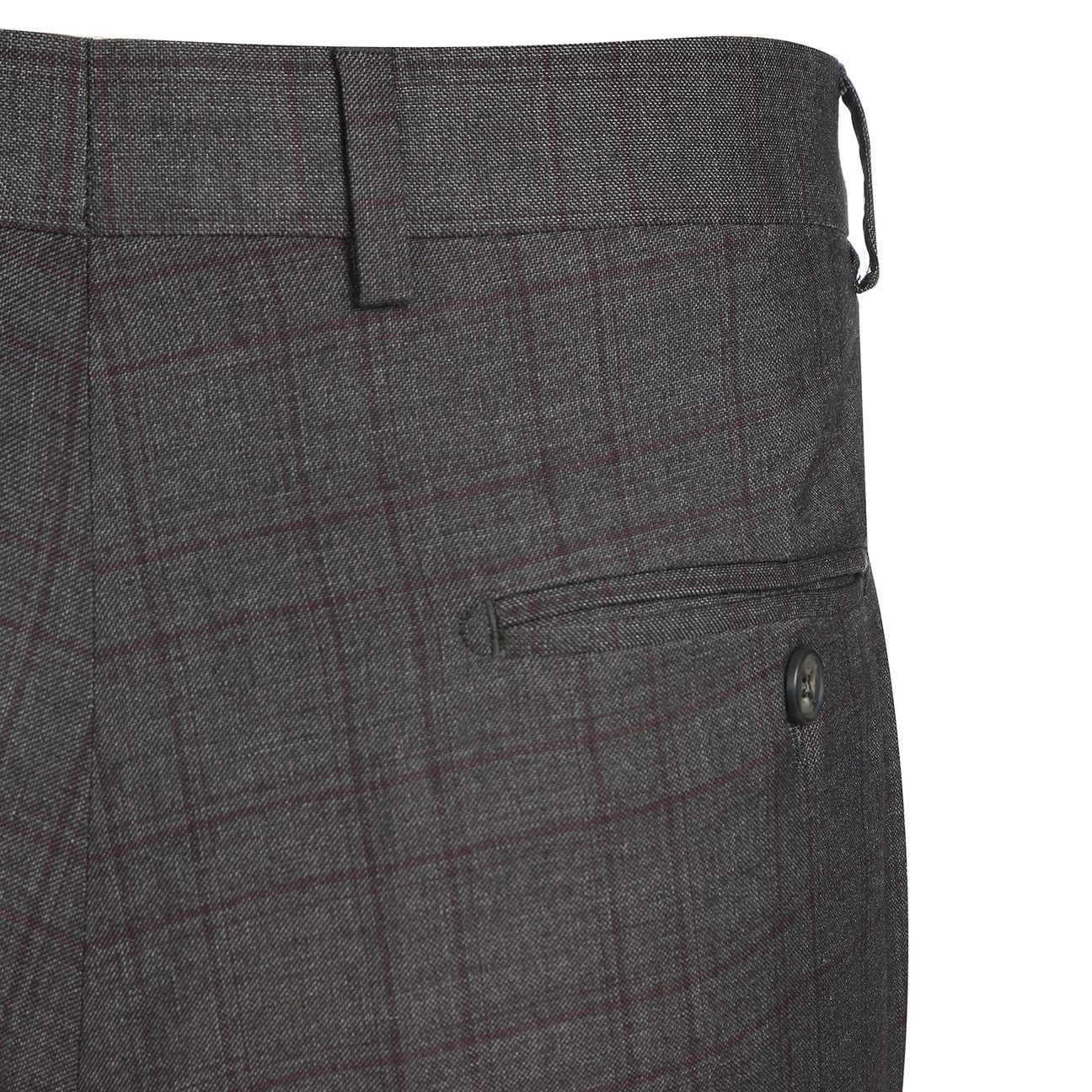 The Alessandro Vitello by Renoir New Slim Fit Gray Suit 293-47 is displayed on a mannequin, featuring a dark gray plaid design, polyester-rayon-spandex blend, paired with a white shirt, red patterned tie, and pocket square.