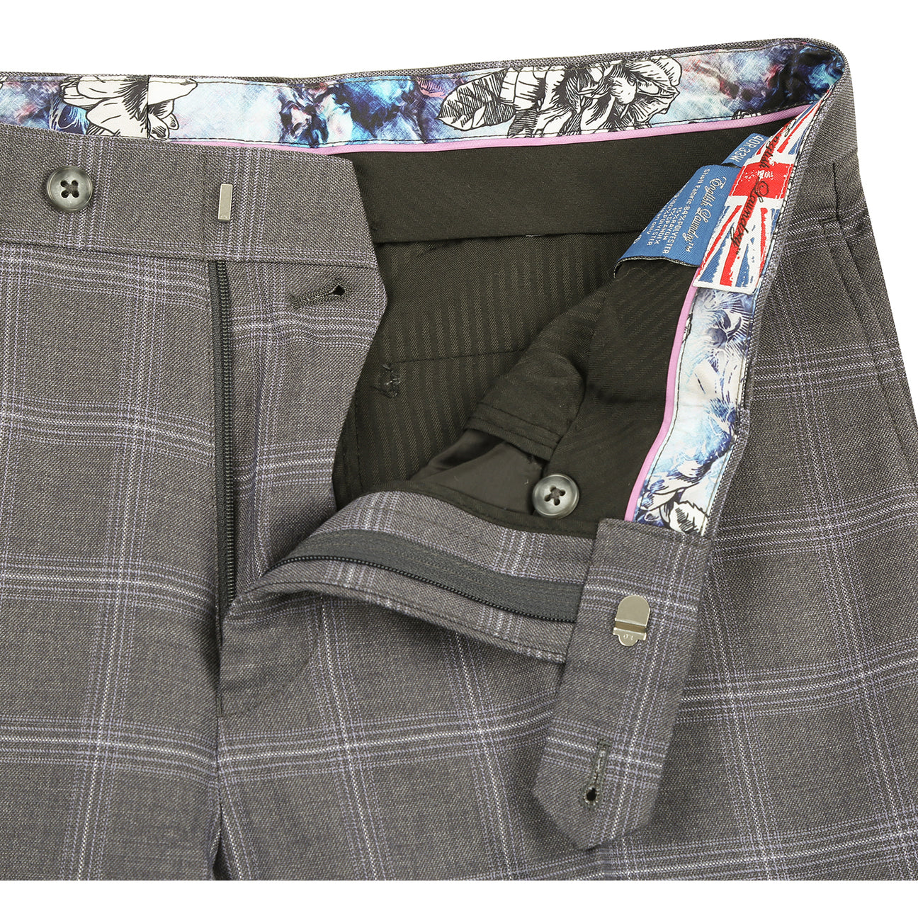 The ENGLISH LAUNDRY Grey Check Suit 12-55-095EL by English Laundry is a slim fit gray plaid blazer with notch lapels, two front flap pockets, and a colorful floral inner lining, shown on a white background.