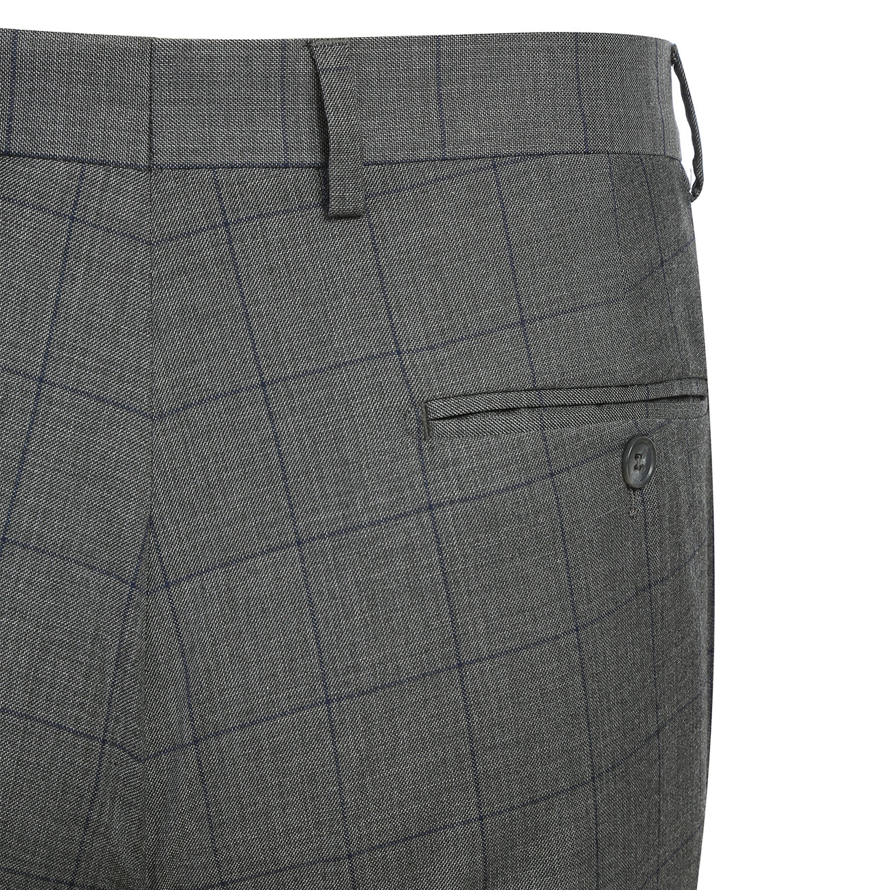 The Alessandro Vitello by Renoir Double-Breasted New Slim Fit Gray Suit 293-44 features a gray plaid design, styled here on a mannequin with a white shirt, maroon polka dot tie, and patterned pocket square for sharp modern elegance.