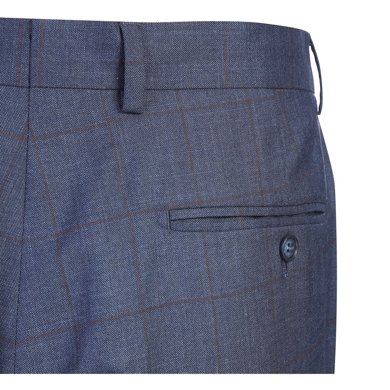 The Alessandro Vitello by Renoir Classic Fit Suit 293-56 features a blue side-vented jacket with a 3-inch notch lapel, flat front pants, four cuff buttons, plus fabric, stitching, and brand label close-ups from Renoir.