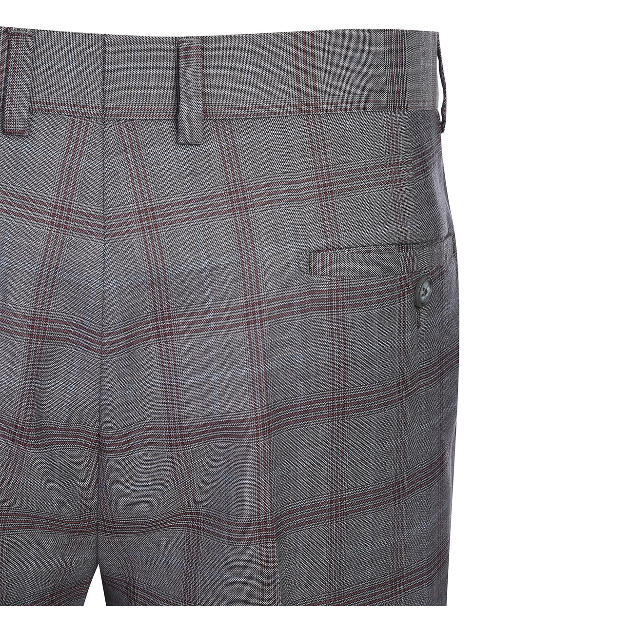 A man models the ENGLISH LAUNDRY 2pc Suit by English Laundry, featuring a gray plaid design with patterned inner lining. Close-ups highlight the fabric, buttons, and lining. Text notes its comfy polyester-rayon blend for style and ease.