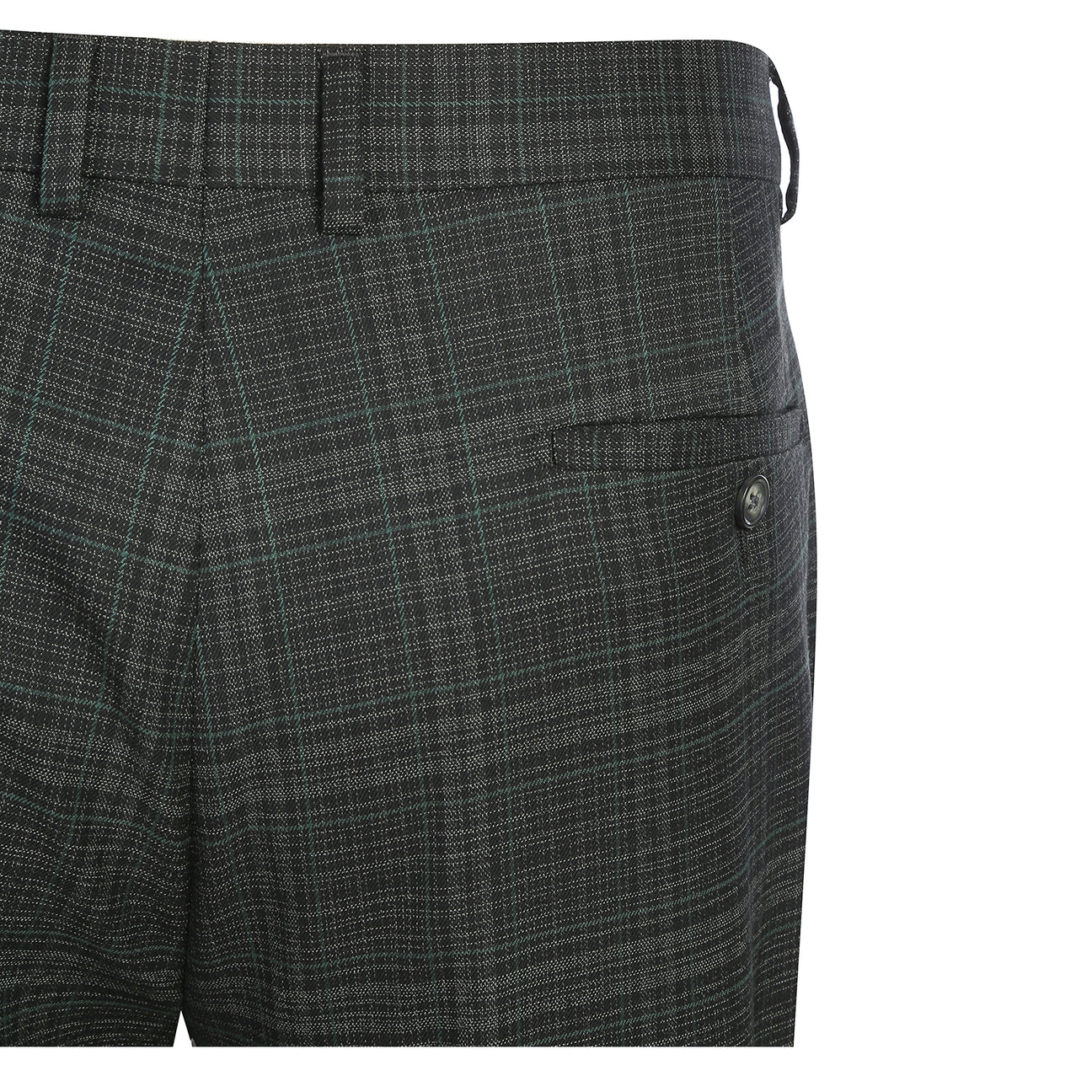 The ENGLISH LAUNDRY 2pc Suit Green 32-24-001EL by English Laundry is a dark plaid men's blazer featuring notch lapels, two-button closure, flap pockets, and a green tropical leaf print lining.
