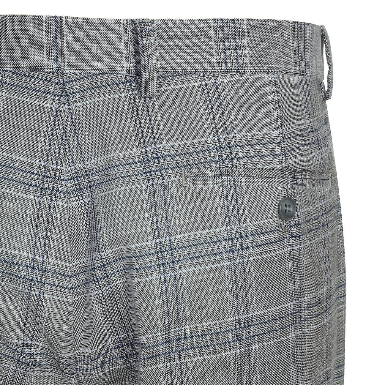 The Alessandro Vitello by Renoir Classic Fit Checked Suit Gray 293-23 is stylishly displayed on a mannequin, paired with a blue tie and white shirt.