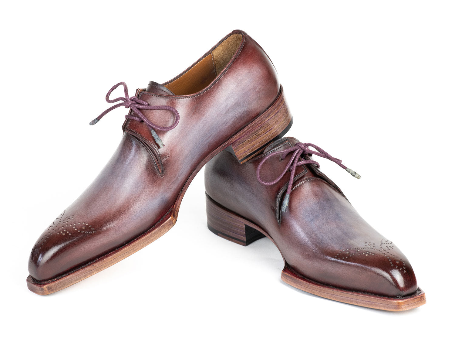 The Paul Parkman Goodyear Welted Derby Shoes in Ice Blue & Bordeaux, known for their meticulous hand-painted details and fine stitching, are the epitome of elegance in handmade derby shoes.