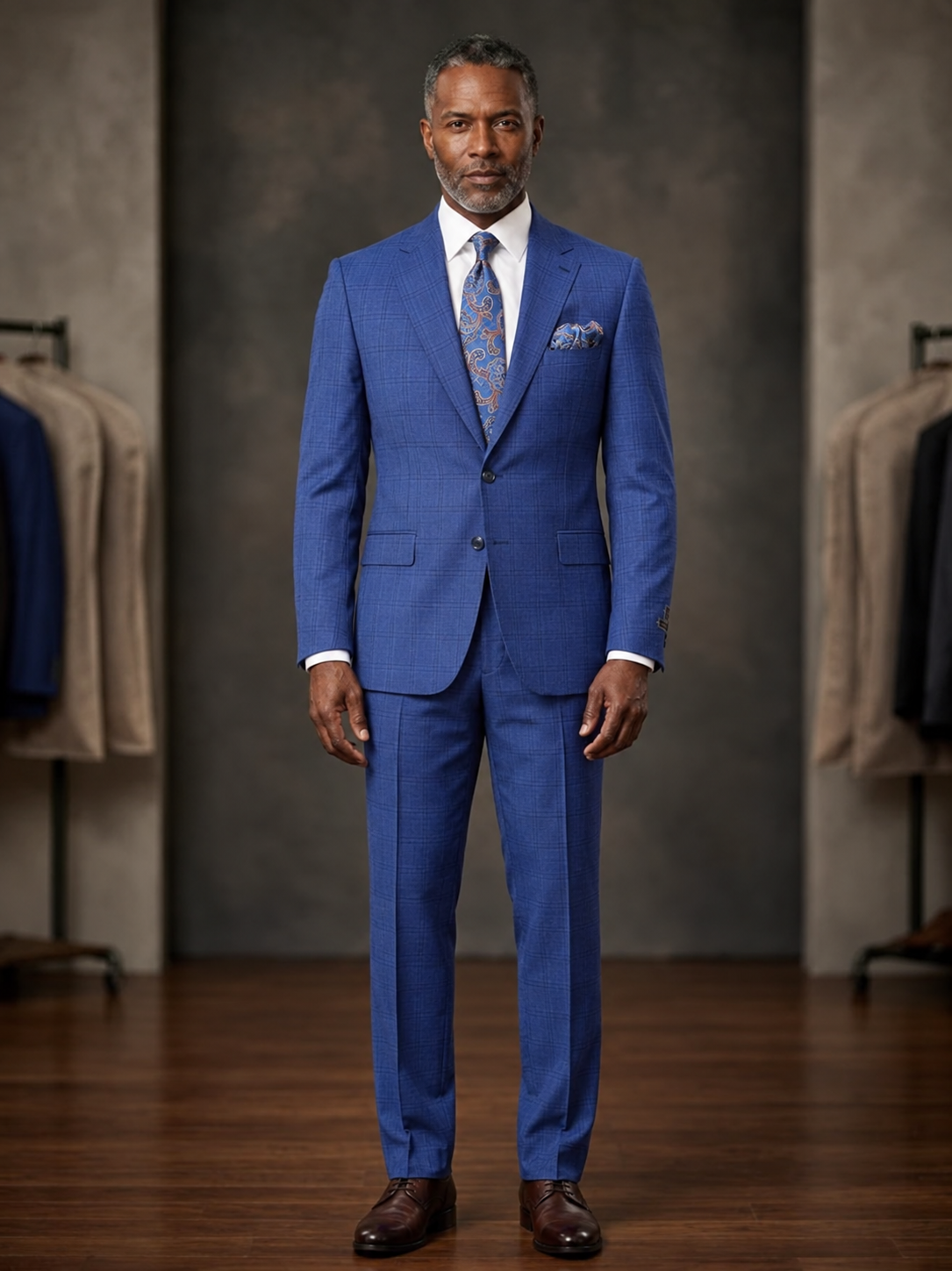 A man stands facing forward in a Tiglio Luxe Dolcetto Modern Fit Wool Suit CB3508 CR3508, complemented by a white shirt, patterned tie, and brown shoes; clothing racks and a neutral background appear behind him.