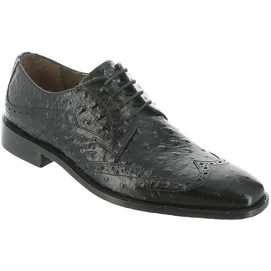 The Stacy Adams Gennaro Wingtip Oxford in black—crafted from textured ostrich quill leather with elegant wingtip oxford detailing, lace-up closure, and a low heel—is shown against a plain background.