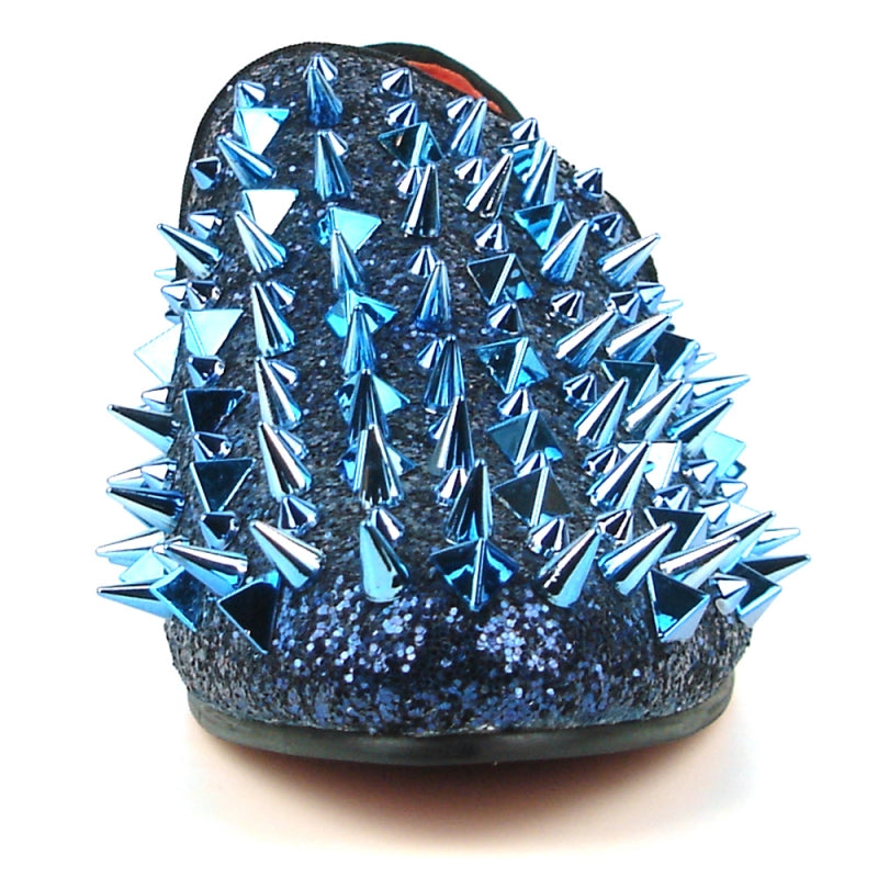 The FI-7239 Navy Glitter Navy Spikes slip-on by Fiesso features dazzling navy glitter and spikes, a bold red interior, and a black sole for a statement-making look.