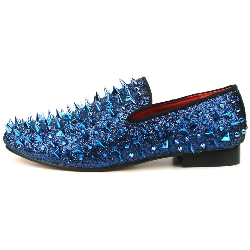 The FI-7239 Navy Glitter Navy Spikes slip-on by Fiesso features dazzling navy glitter and spikes, a bold red interior, and a black sole for a statement-making look.