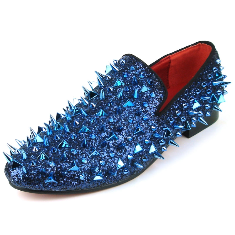The FI-7239 Navy Glitter Navy Spikes slip-on by Fiesso features dazzling navy glitter and spikes, a bold red interior, and a black sole for a statement-making look.