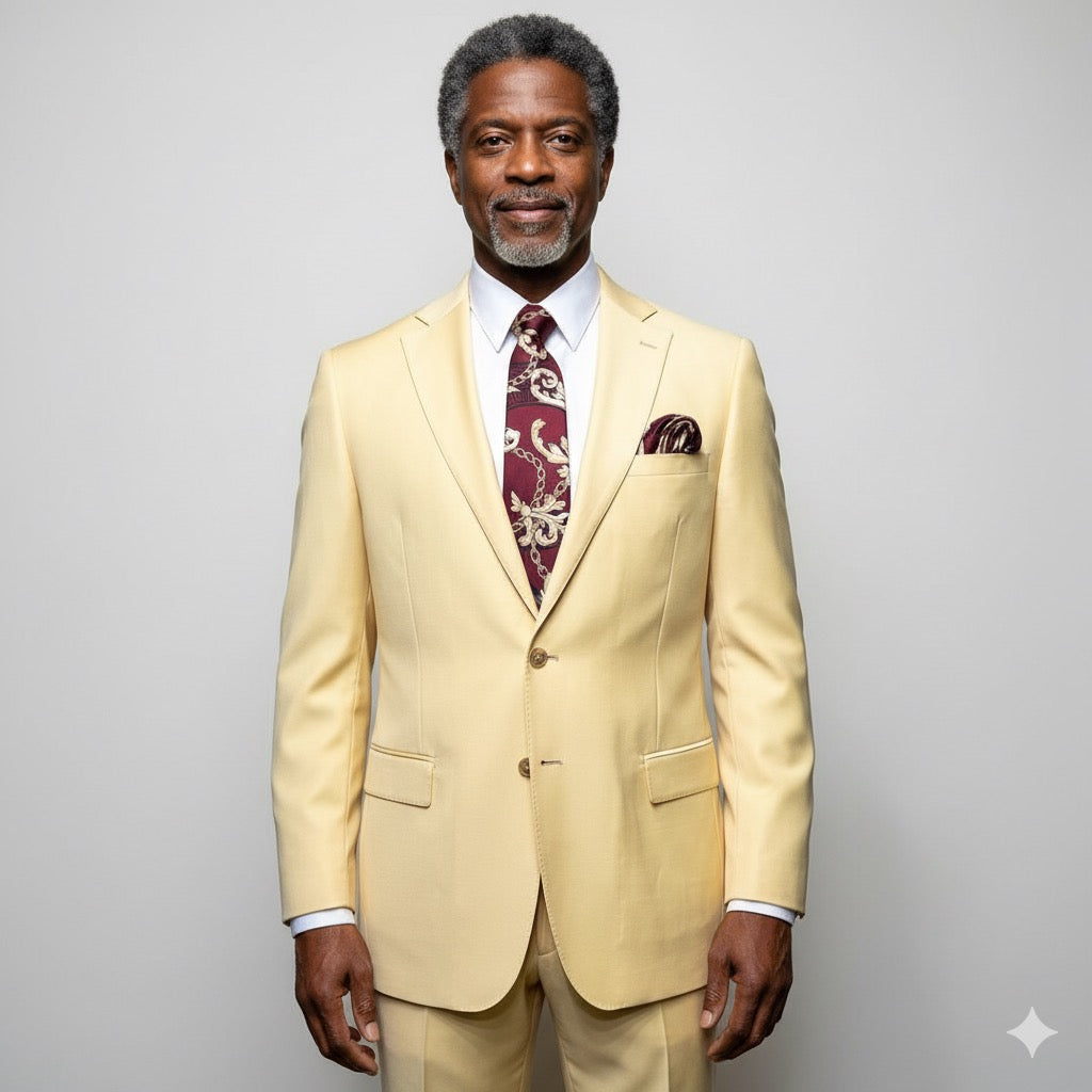 A mannequin displays the Tiglio Luxe Banana Dolcetto Modern Fit Pure Wool Suit TL4014 (52R, 52L, 54L) with a matching vest, white shirt, and burgundy patterned tie, showcasing premium men's fashion by Tiglio Luxe.