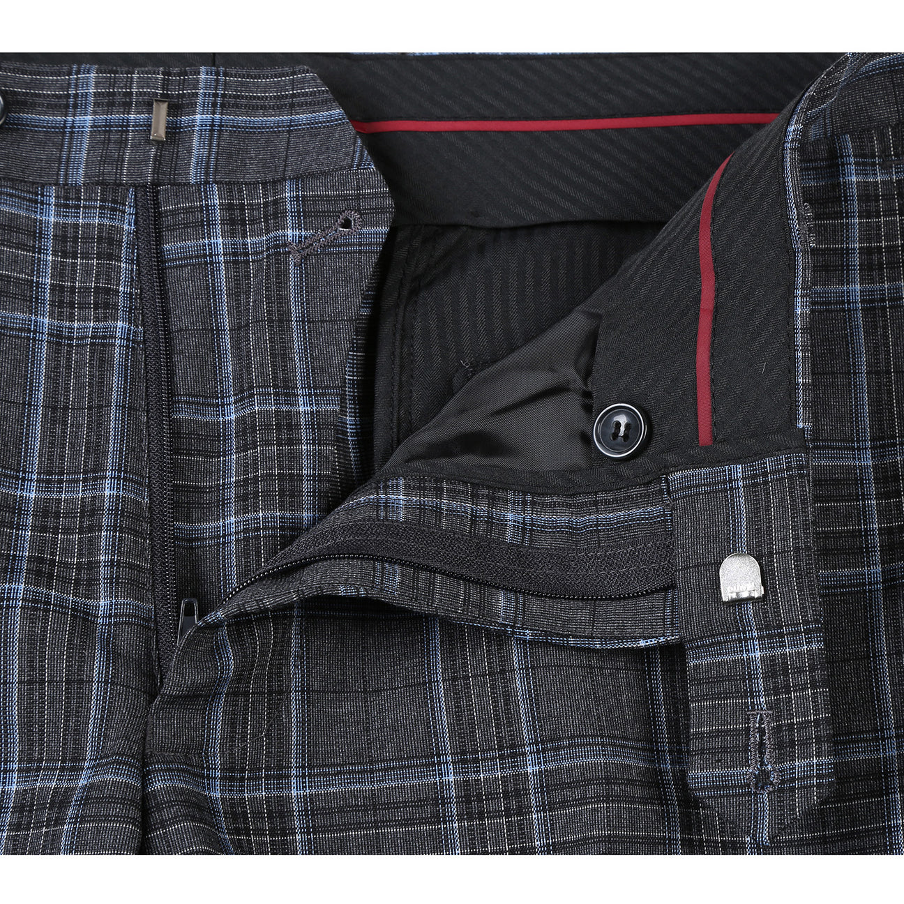 The Alessandro Vitello by Renoir Gray 2-Piece Slim Fit Checked Suit, featuring a single-breasted two-button front, is displayed on a mannequin paired with a white dress shirt and maroon polka dot tie.