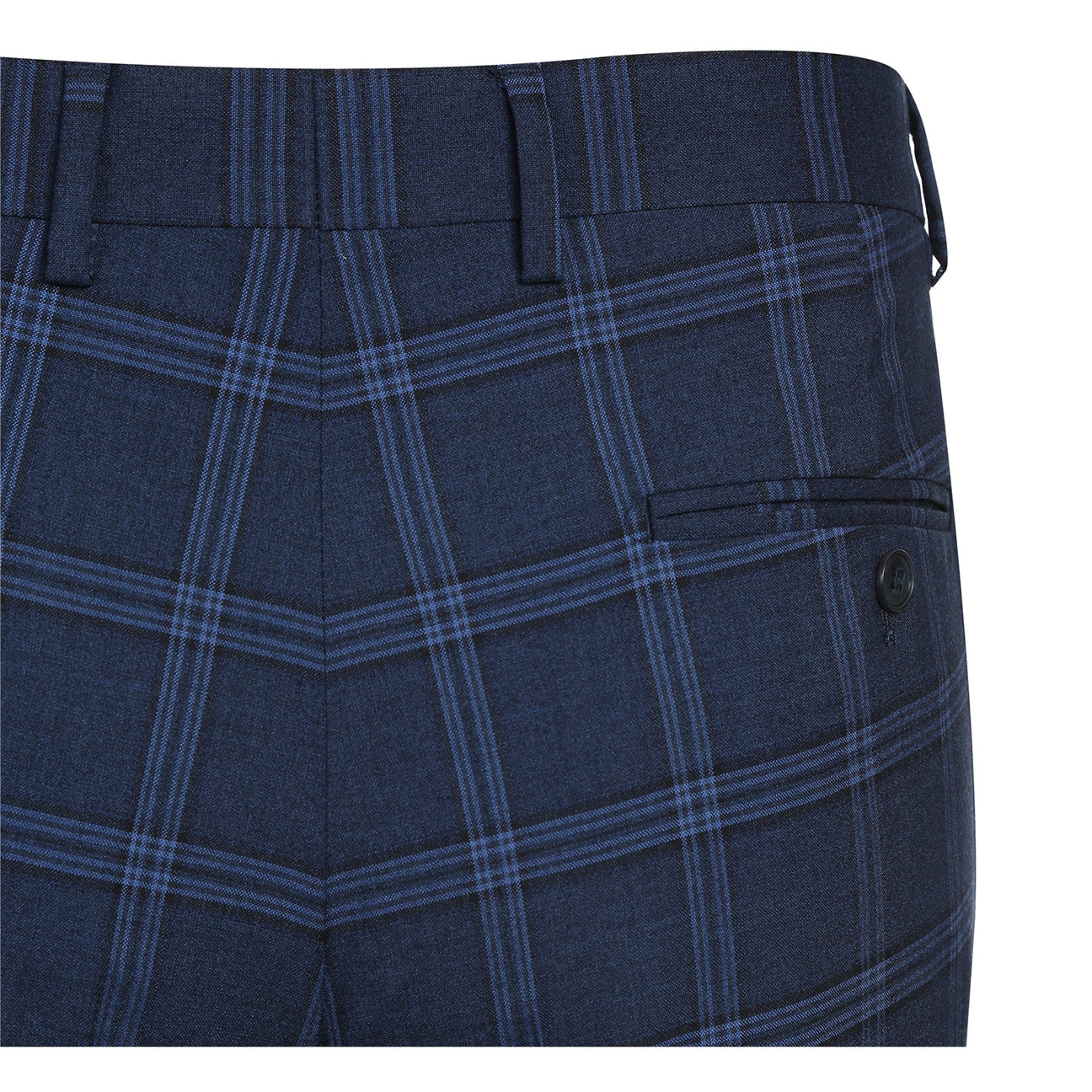 The Alessandro Vitello by Renoir Slim Fit Suit 293-22 features a navy plaid blazer on a mannequin with a white dress shirt, a burgundy polka dot tie, and flat front pants, complete with a notch lapel for sophistication.