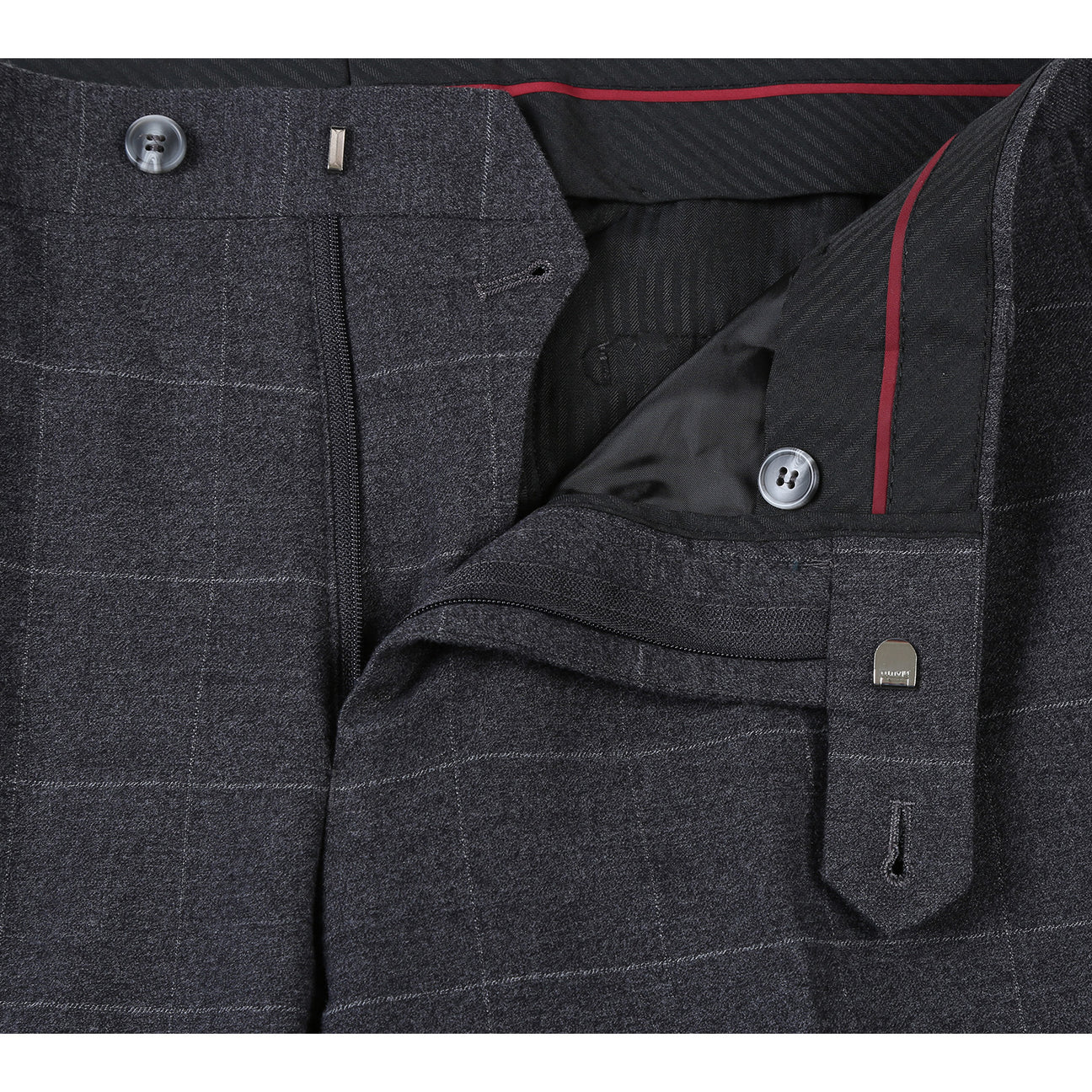 The Renoir Alessandro Vitello New Slim Fit Checked Gray Suit 293-31 is showcased on a mannequin over a white dress shirt with a purple polka dot tie, highlighting its modern elegance for men.