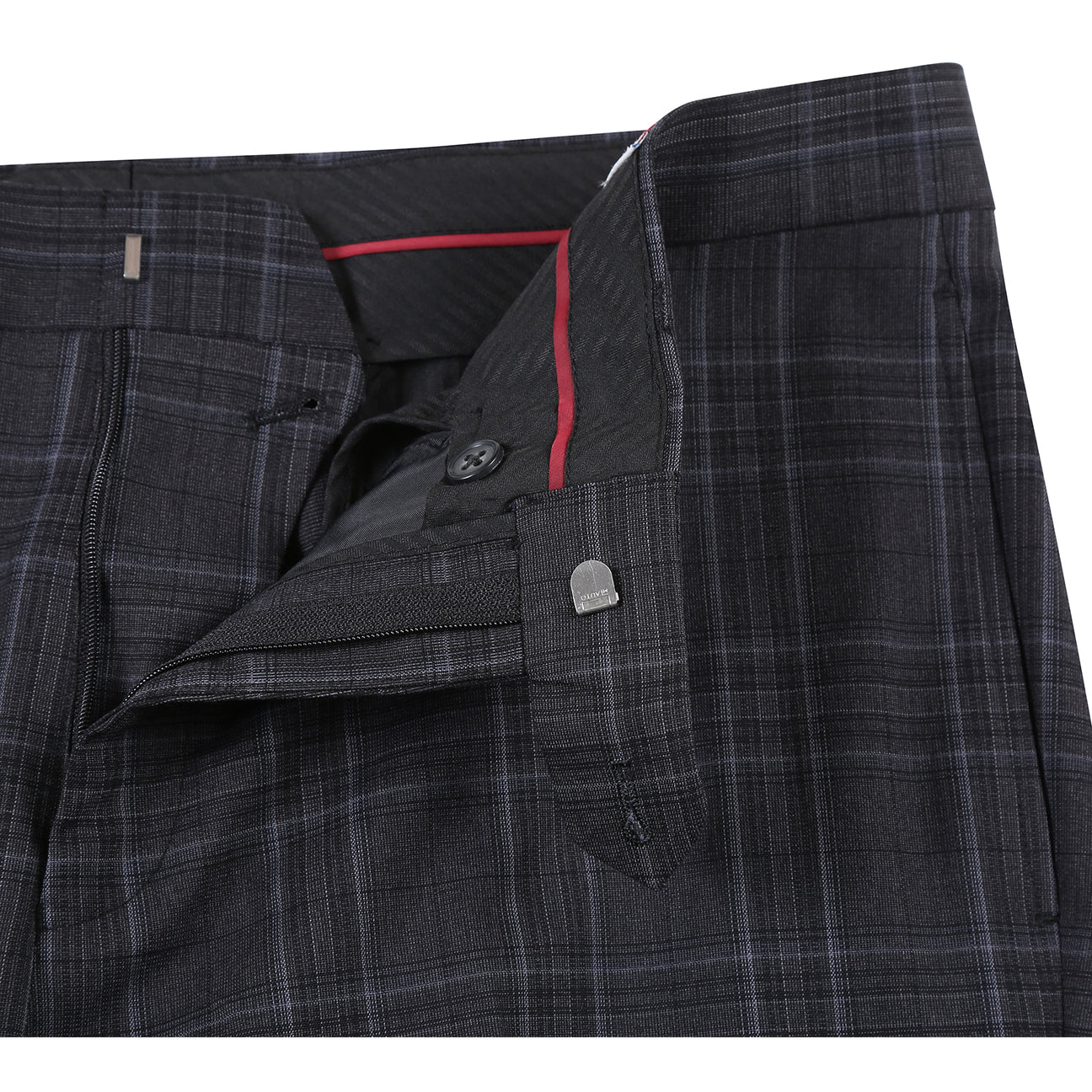 The ENGLISH LAUNDRY Dark Gray Check Suit 22-57-095EL by English Laundry features a slim fit, black and gray plaid design with a two-button closure, styled over a white shirt and blue patterned tie on a mannequin.