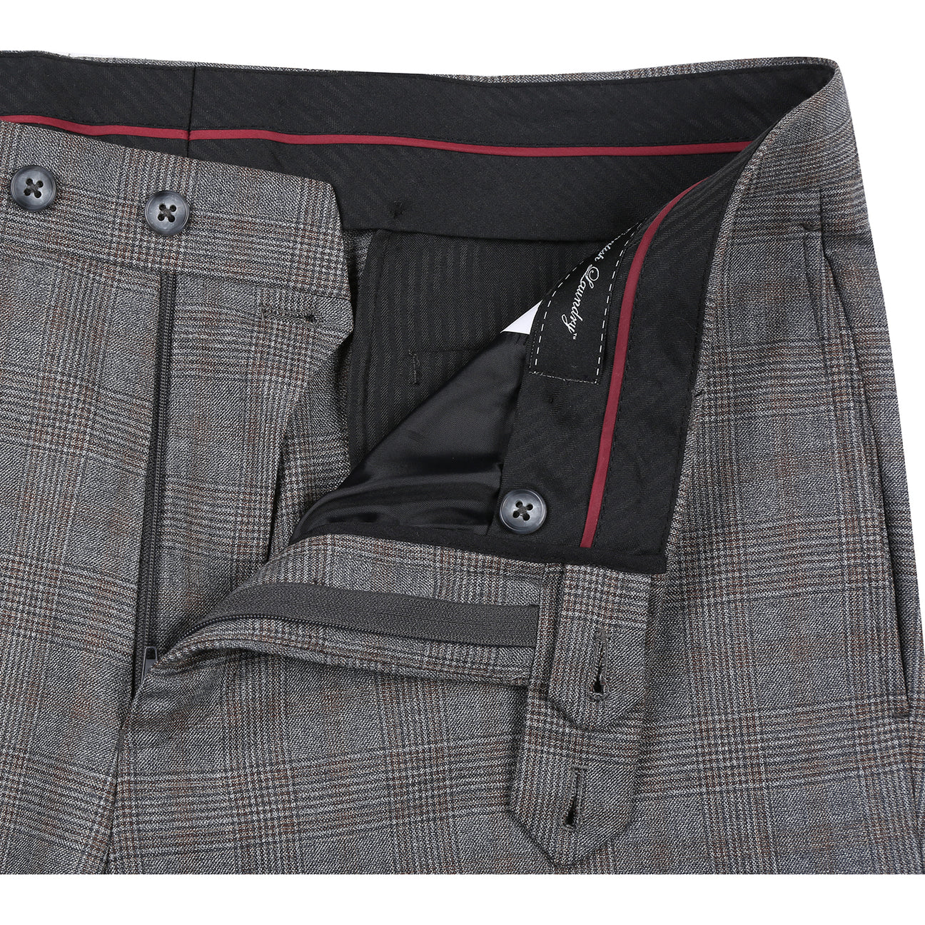 The ENGLISH LAUNDRY Double-breasted Gray Check Suit EL12-60-093 by English Laundry is showcased on a mannequin, styled with a white dress shirt and a red tie.