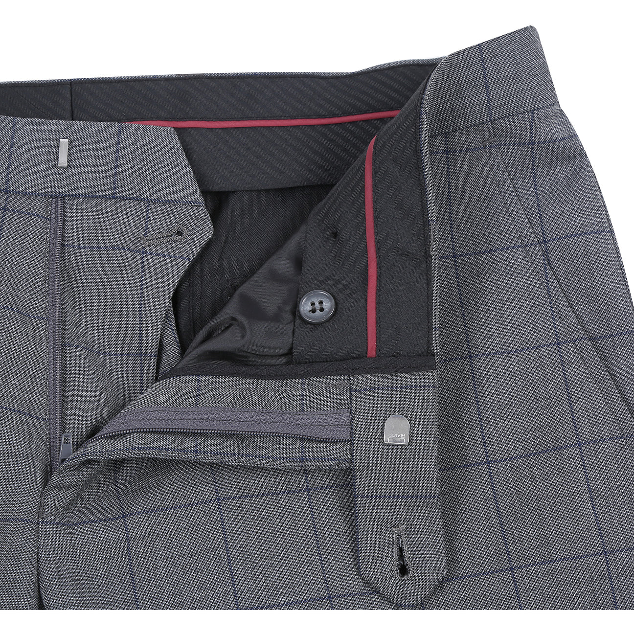The Alessandro Vitello by Renoir Double-Breasted New Slim Fit Gray Suit 293-44 features a gray plaid design, styled here on a mannequin with a white shirt, maroon polka dot tie, and patterned pocket square for sharp modern elegance.