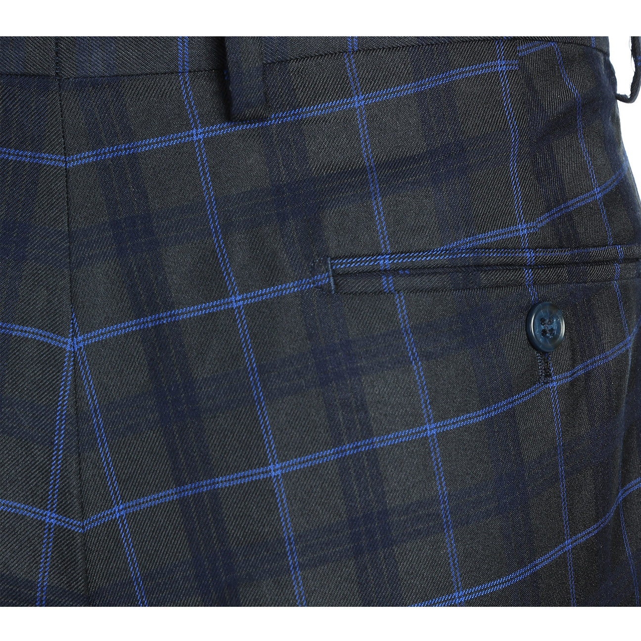 The Renoir Alessandro Vitello Blue Slim Fit Checked Suit (Blue 293-27) is displayed on a headless mannequin, paired with a white dress shirt and blue-striped tie.