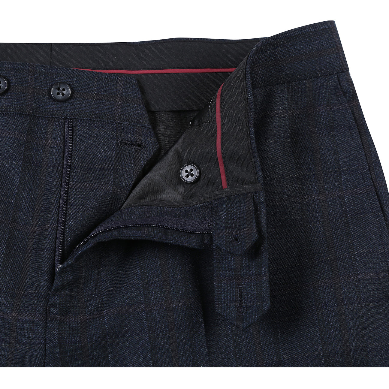 The ENGLISH LAUNDRY Dark Navy Check Suit EL12-56-475 by English Laundry is displayed on a mannequin with notched lapels, a white shirt, and striped tie—a sharp, modern two-button suit perfect for any occasion.