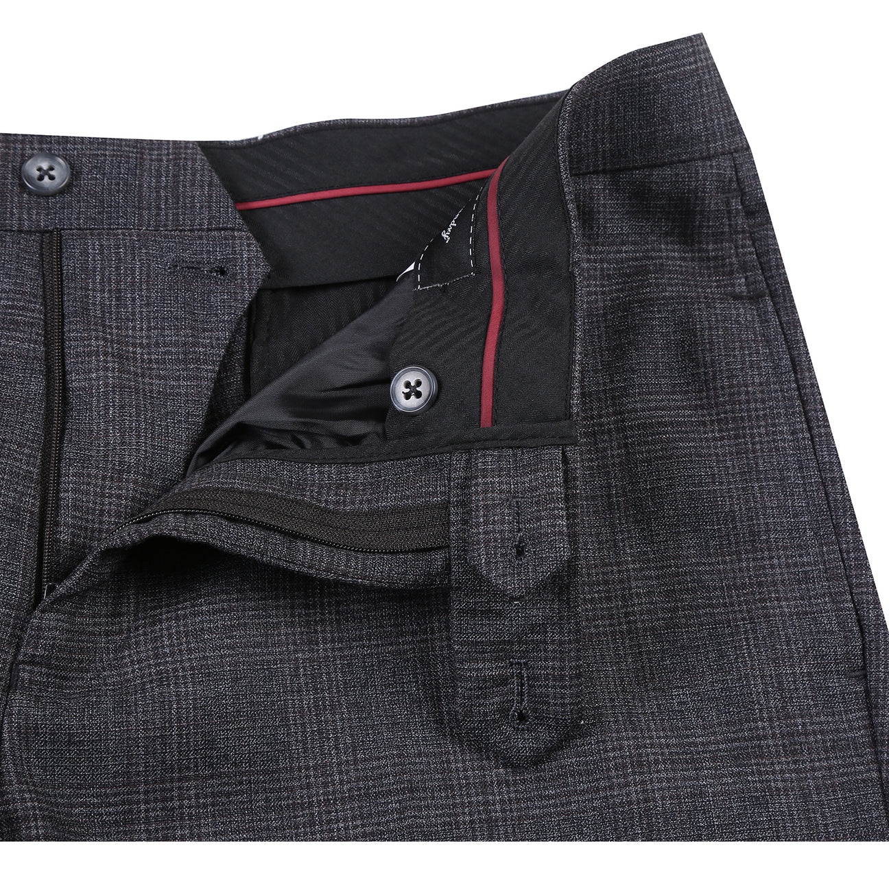 The ENGLISH LAUNDRY Dark Gray Check Suit EL12-57-095 by English Laundry is displayed on a mannequin, styled with a white dress shirt and a red patterned tie.