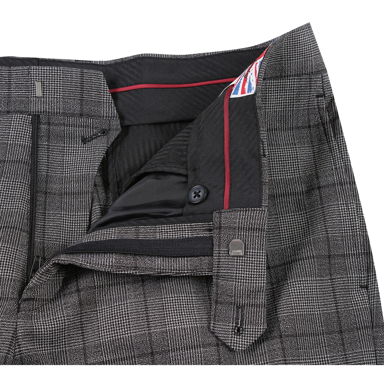 The ENGLISH LAUNDRY Gray Check Suit 22-60-002EL by English Laundry is displayed on a mannequin with a two-button closure, paired with a white dress shirt and a subtly patterned blue tie.