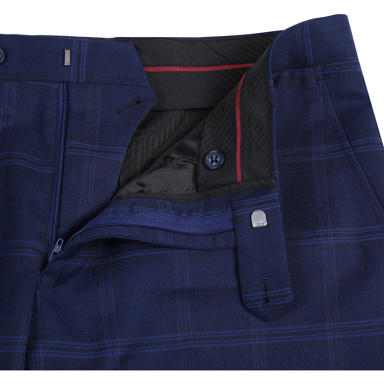 The Renoir Alessandro Vitello Classic Fit Galaxy Blue Suit 293-41 is displayed on a mannequin with a white dress shirt, maroon polka dot tie, and matching pocket square.