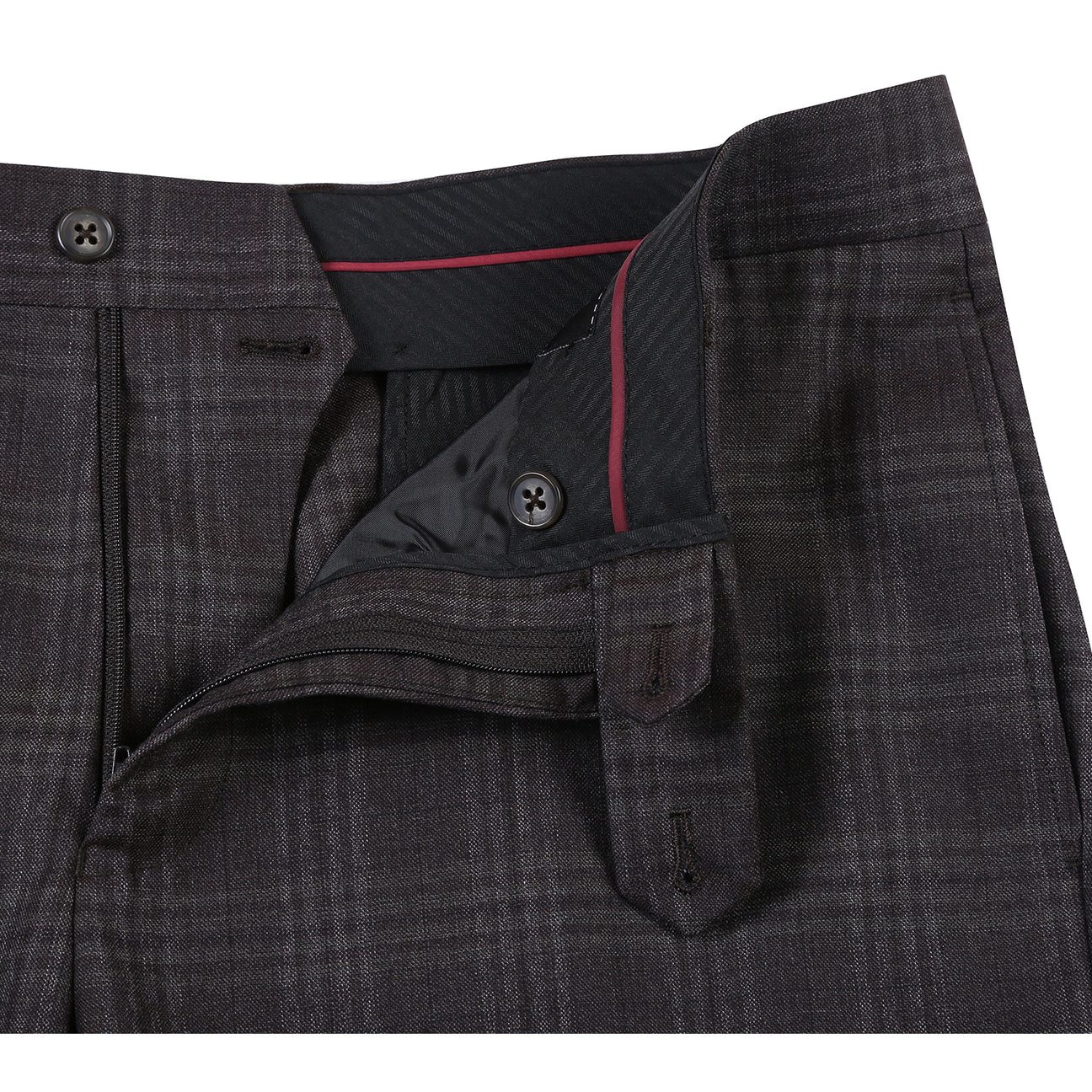 A mannequin showcases the English Laundry ENGLISH LAUNDRY Brown Check Suit EL12-58-555 with notch lapels, paired with a white dress shirt and a blue, brown, and gray striped tie.