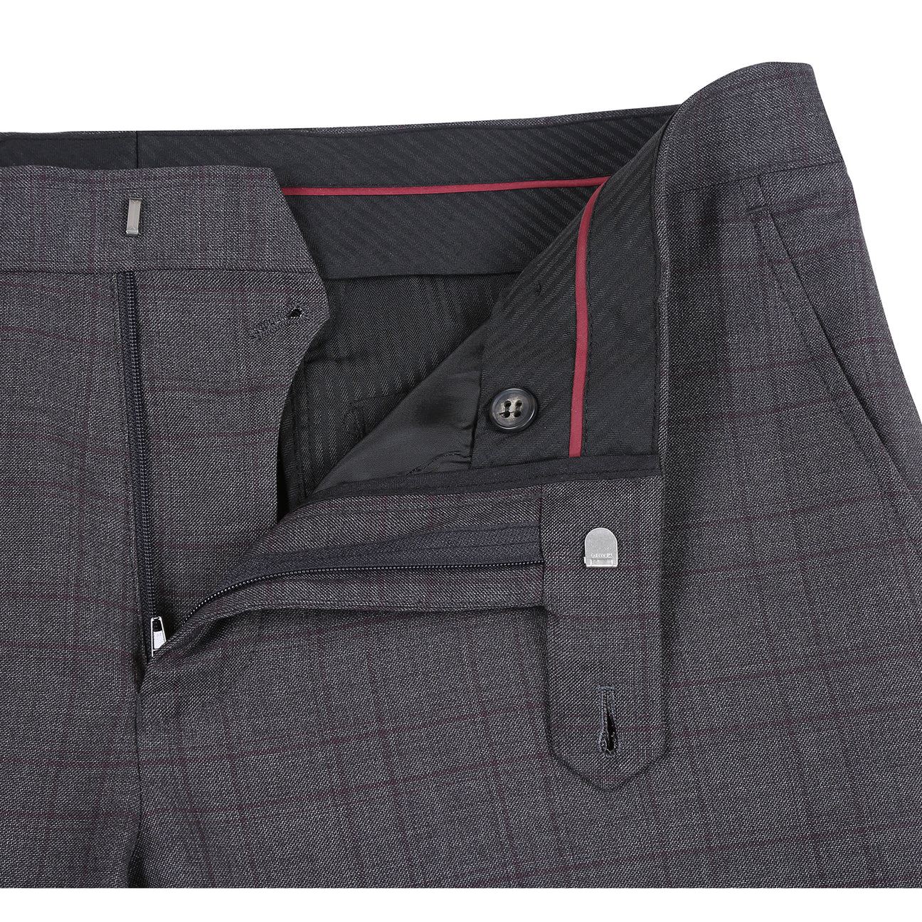 The Alessandro Vitello by Renoir New Slim Fit Gray Suit 293-47 is displayed on a mannequin, featuring a dark gray plaid design, polyester-rayon-spandex blend, paired with a white shirt, red patterned tie, and pocket square.