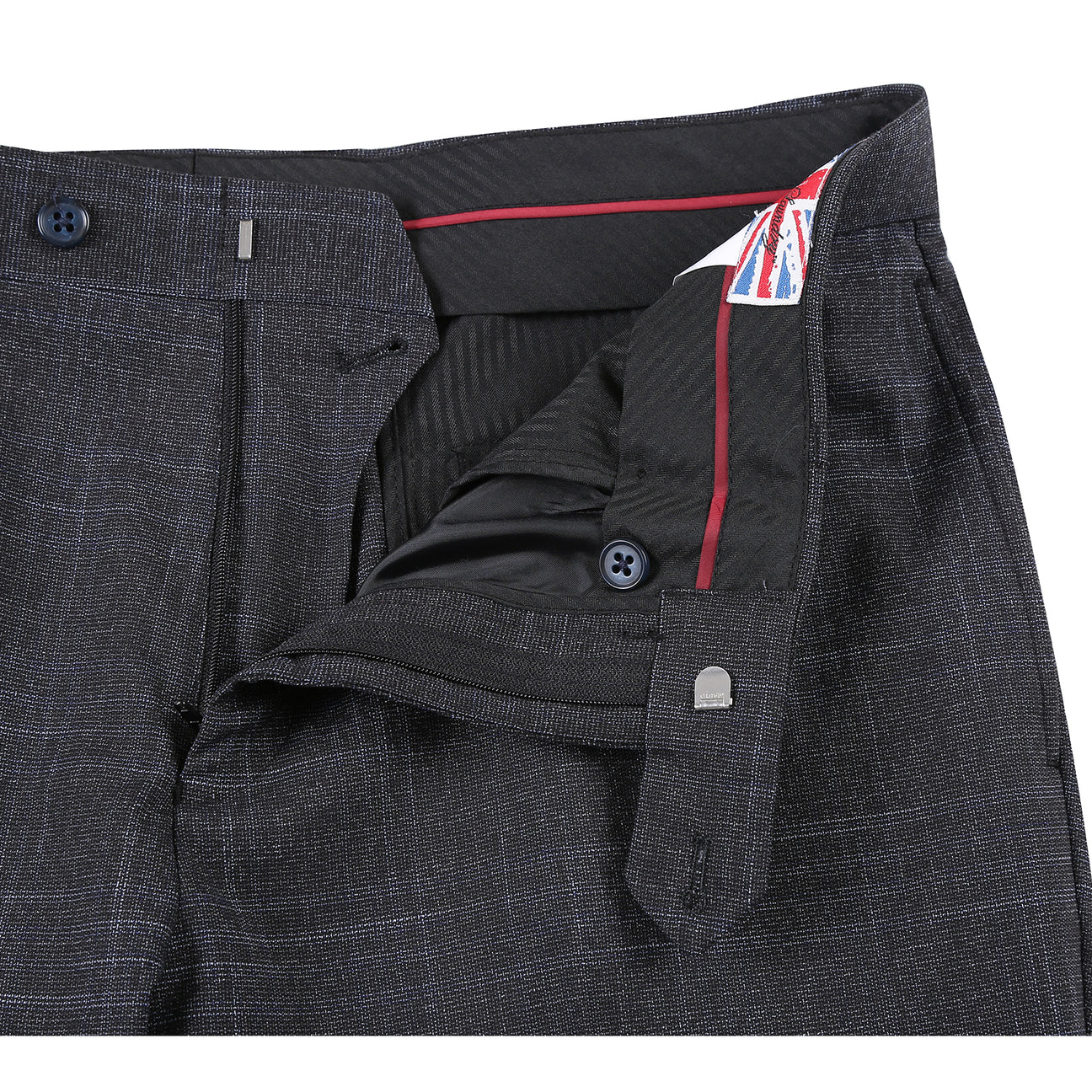 The English Laundry Navy Gray Check Suit 22-68-410EL features a modern slim fit jacket with notch lapel, crisp white shirt, and blue patterned tie—an ideal look for any occasion. Displayed on a mannequin against a white background.