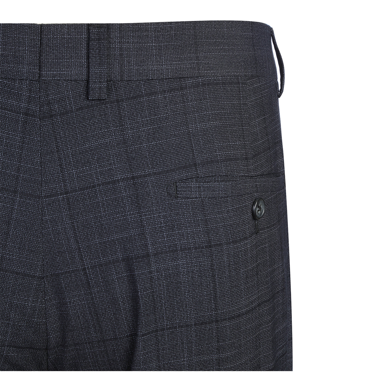 The ENGLISH LAUNDRY Dark Gray Check Suit 22-53-095EL by English Laundry features a slim fit jacket with notch lapels, shown over a white dress shirt and red polka dot tie on a mannequin.